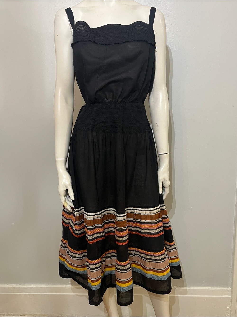 Tory Burch Black Sleeveless Midi Dress with Multi-Color Striped Hem